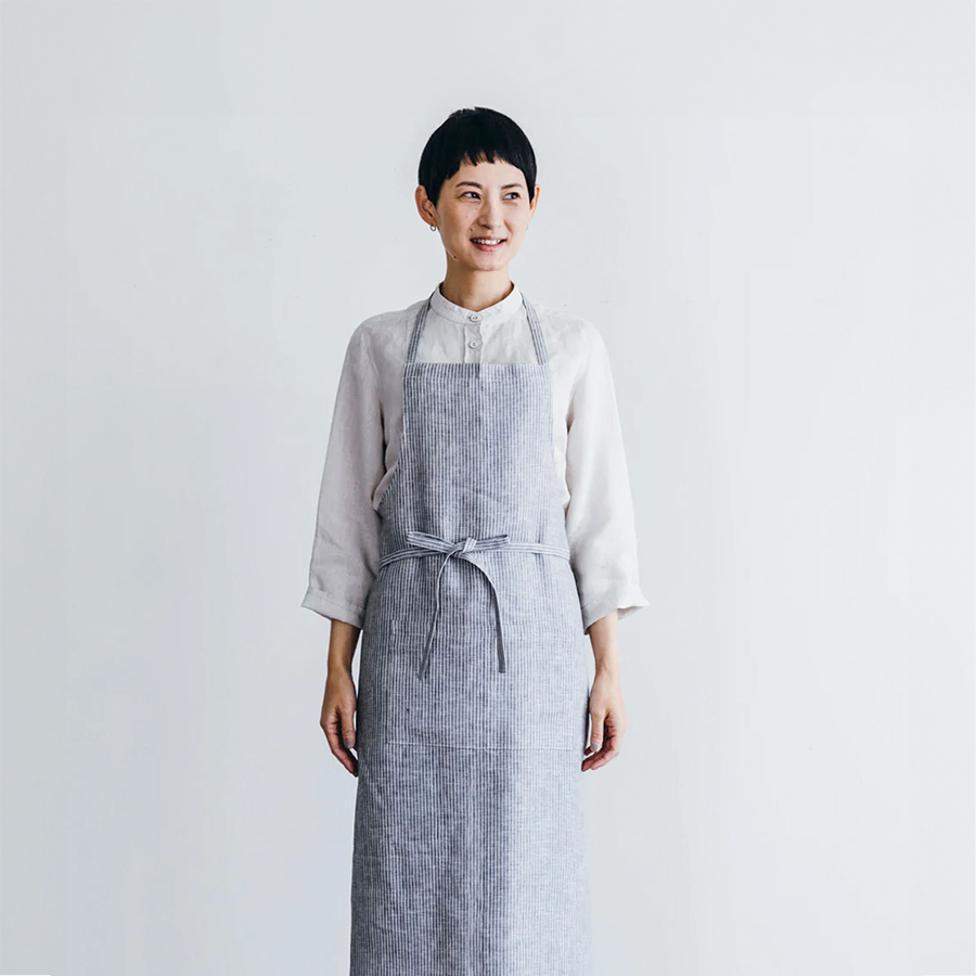 Linen Full Apron - Grey + White Stripe