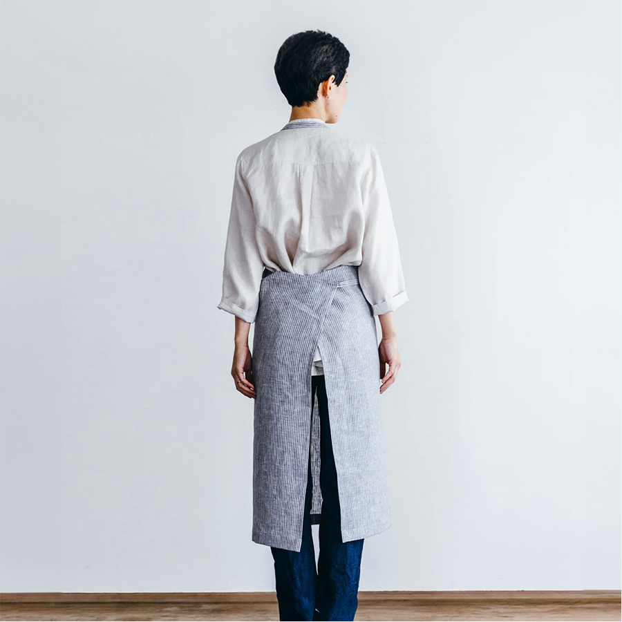 Linen Full Apron - Grey + White Stripe