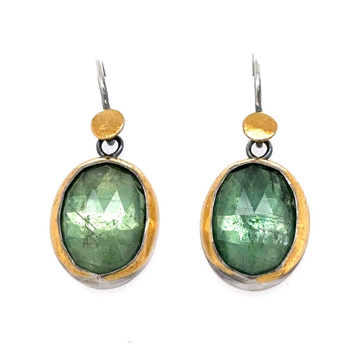 Golden Dot Dangle Earrings - Oval Mossy Green Kyanite