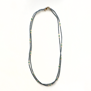 17" Grey Seed Bead Necklace - Green Onyx + Vermeil