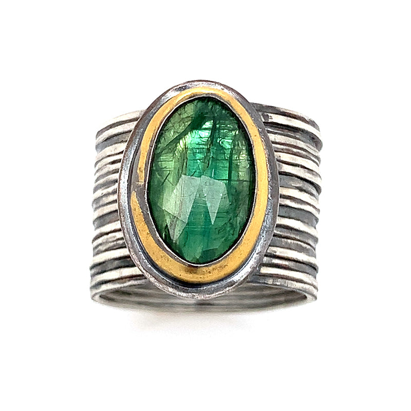 Bi-Colored Green Kyanite Ring on Wide Band (SS/24k)