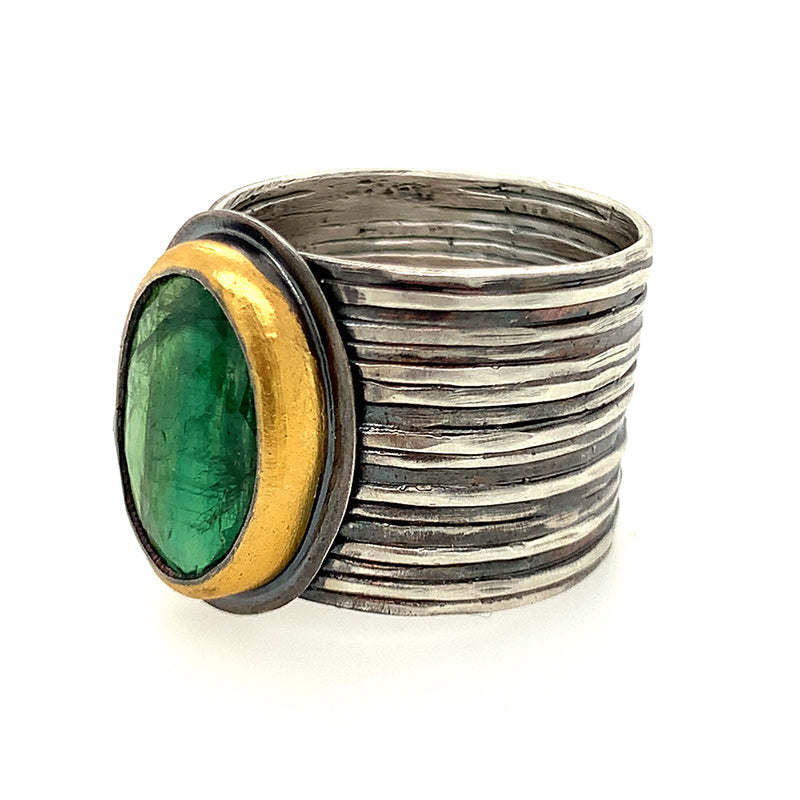 Bi-Colored Green Kyanite Ring on Wide Band (SS/24k)