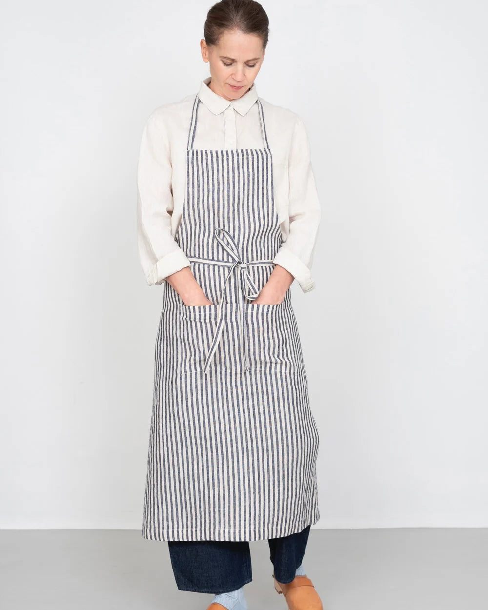 Linen Full Apron - Navy + White Stripe