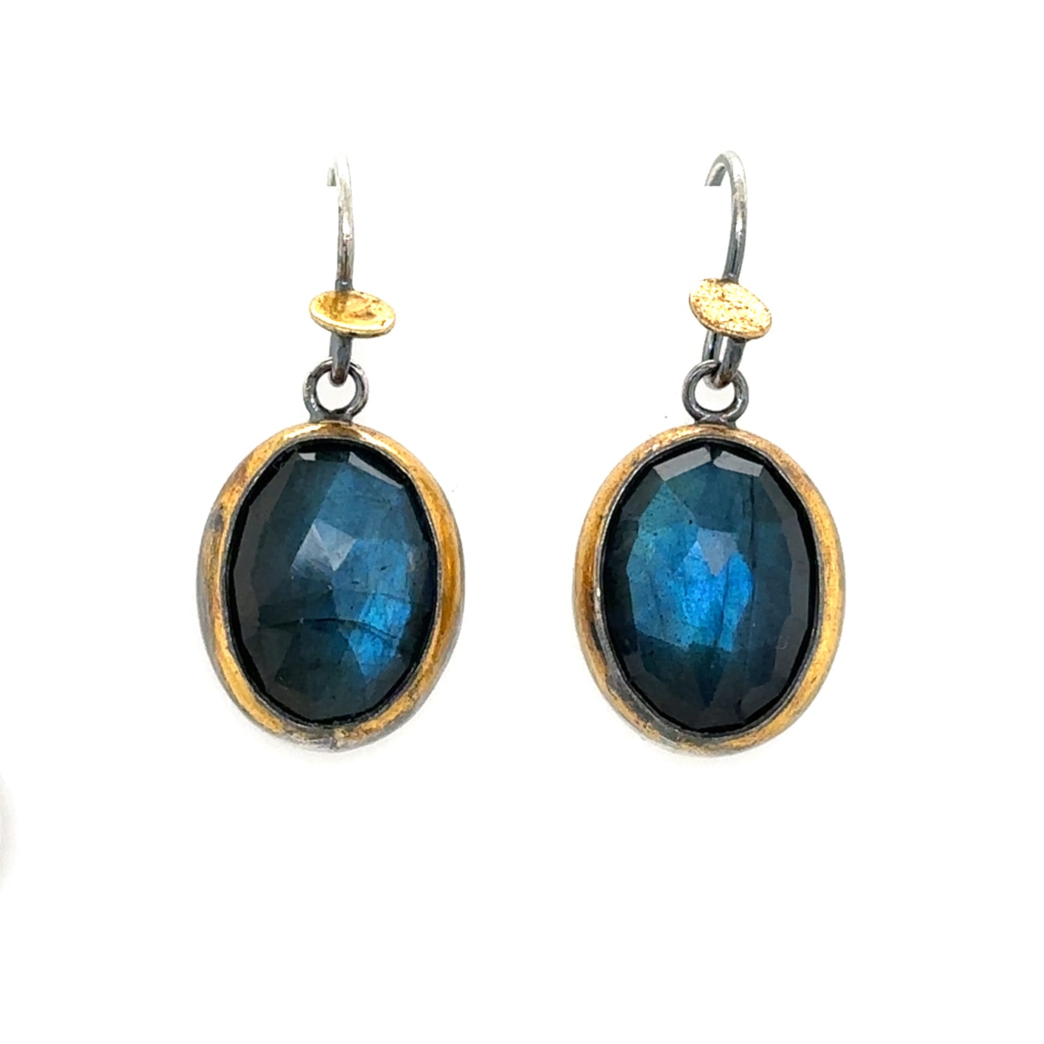 Golden Dot Dangle Earrings - Oval Labradorite