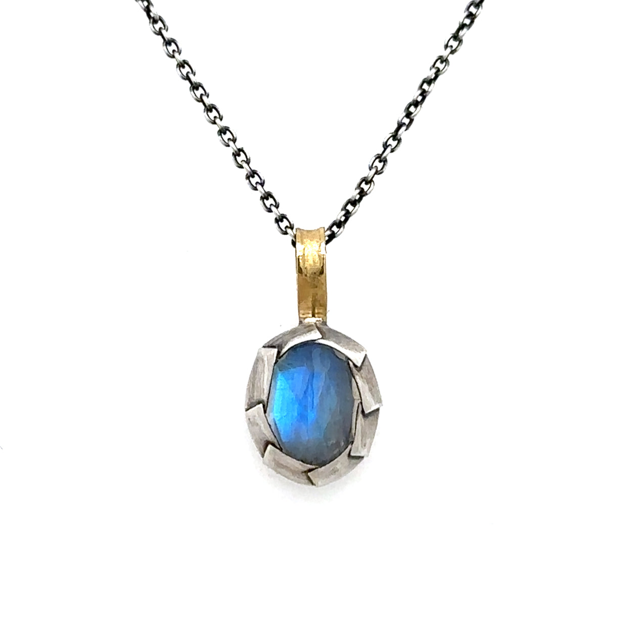 Rainbow Moonstone Crimped Bezel Necklace
