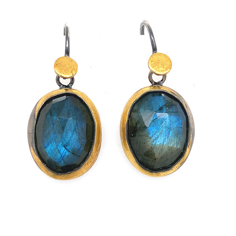Golden Dot Dangle Earrings - Oval Labradorite