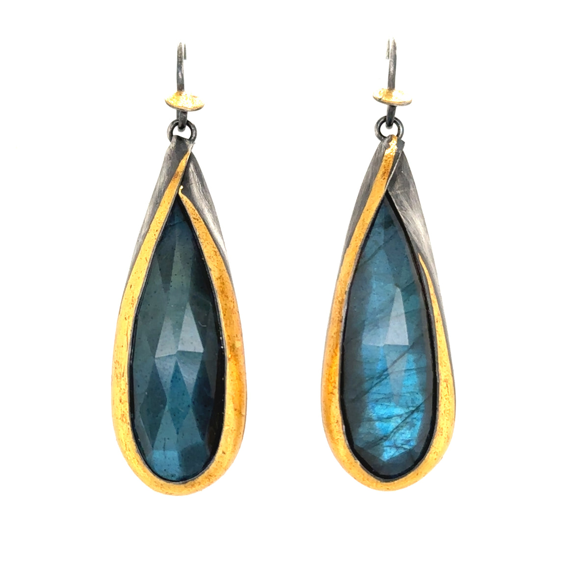 Golden Dot Earrings - Long Teardrop Labradorite