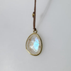 Rainbow Moonstone 18k Bezel Cord Necklace