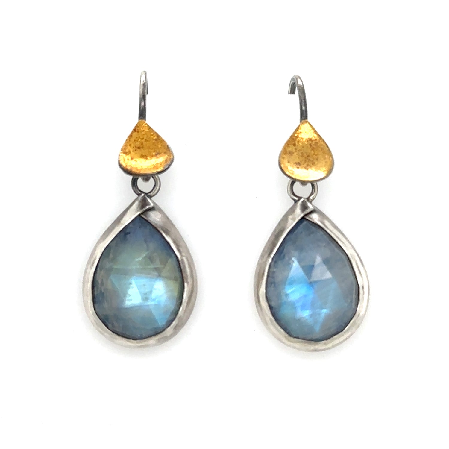 Silver Moonstone Earrings with Golden Teardrop