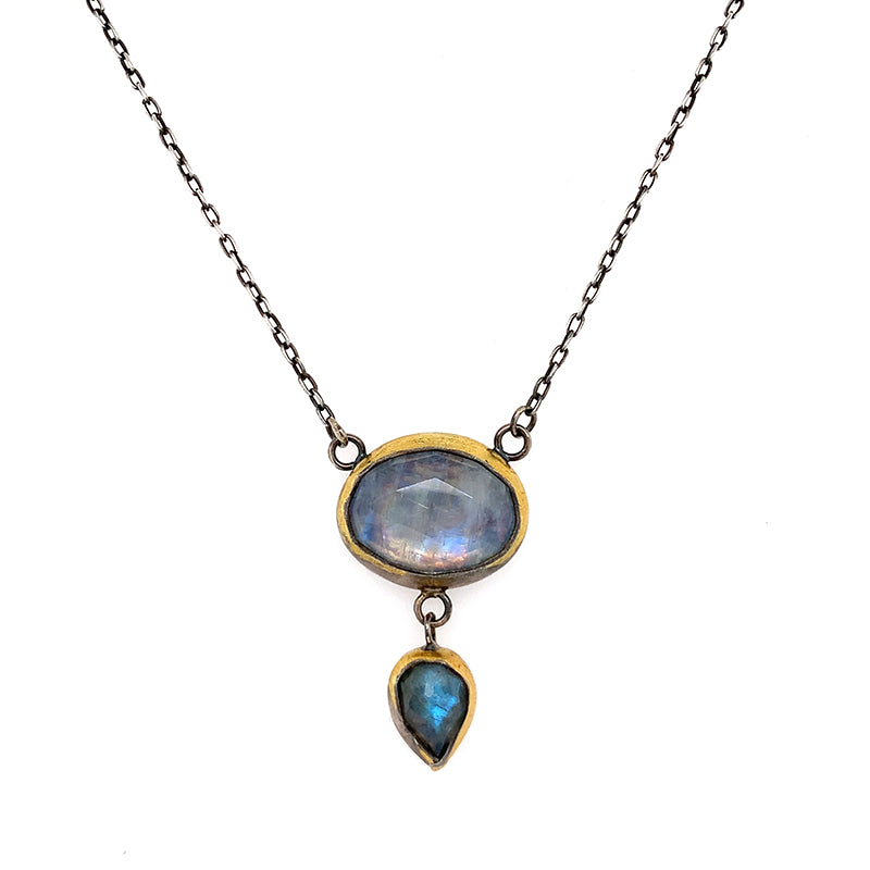 Moonstone + Labradorite Double Pendant Necklace (ox/24k)