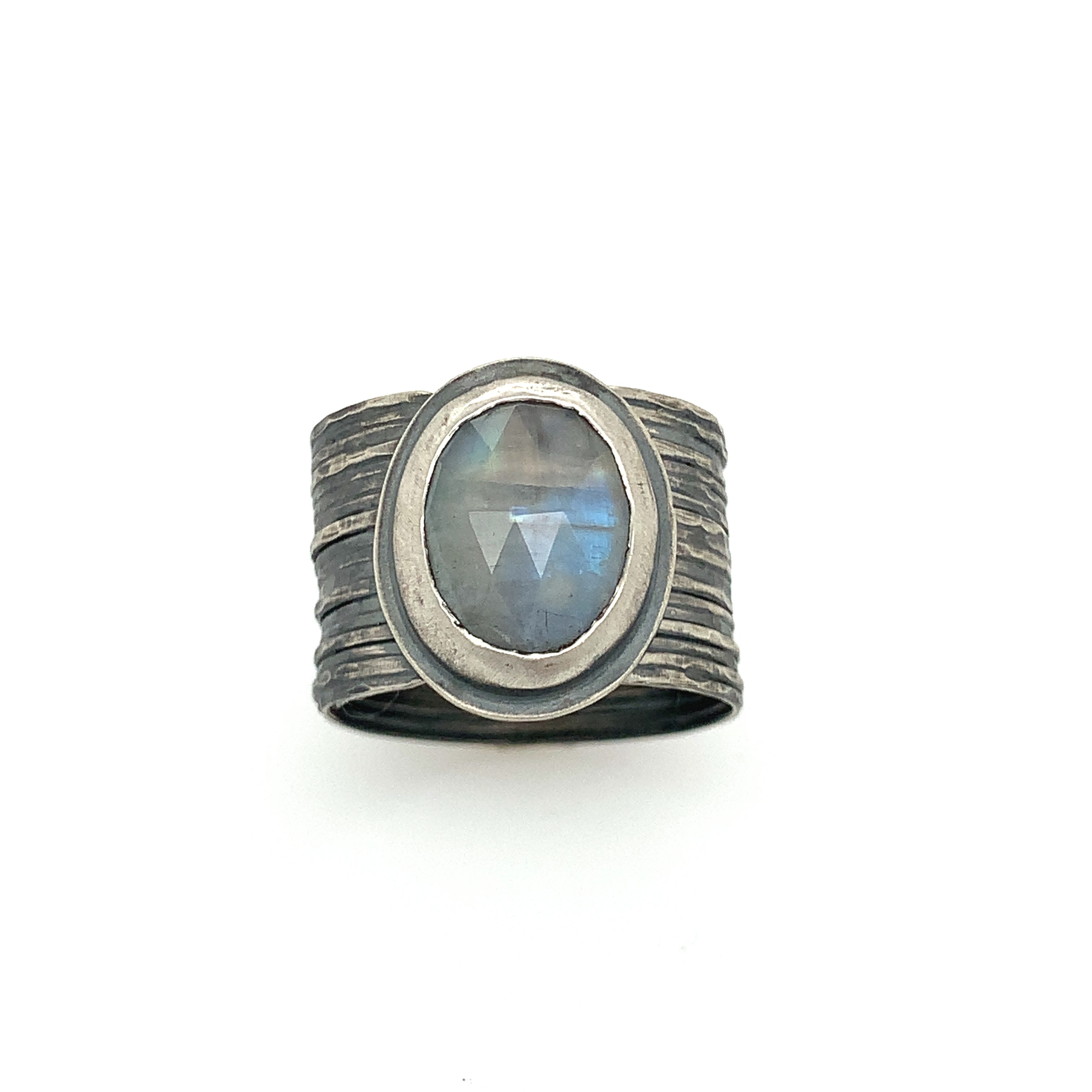 Rainbow Moonstone Ring on Wide Band (SS/24k)