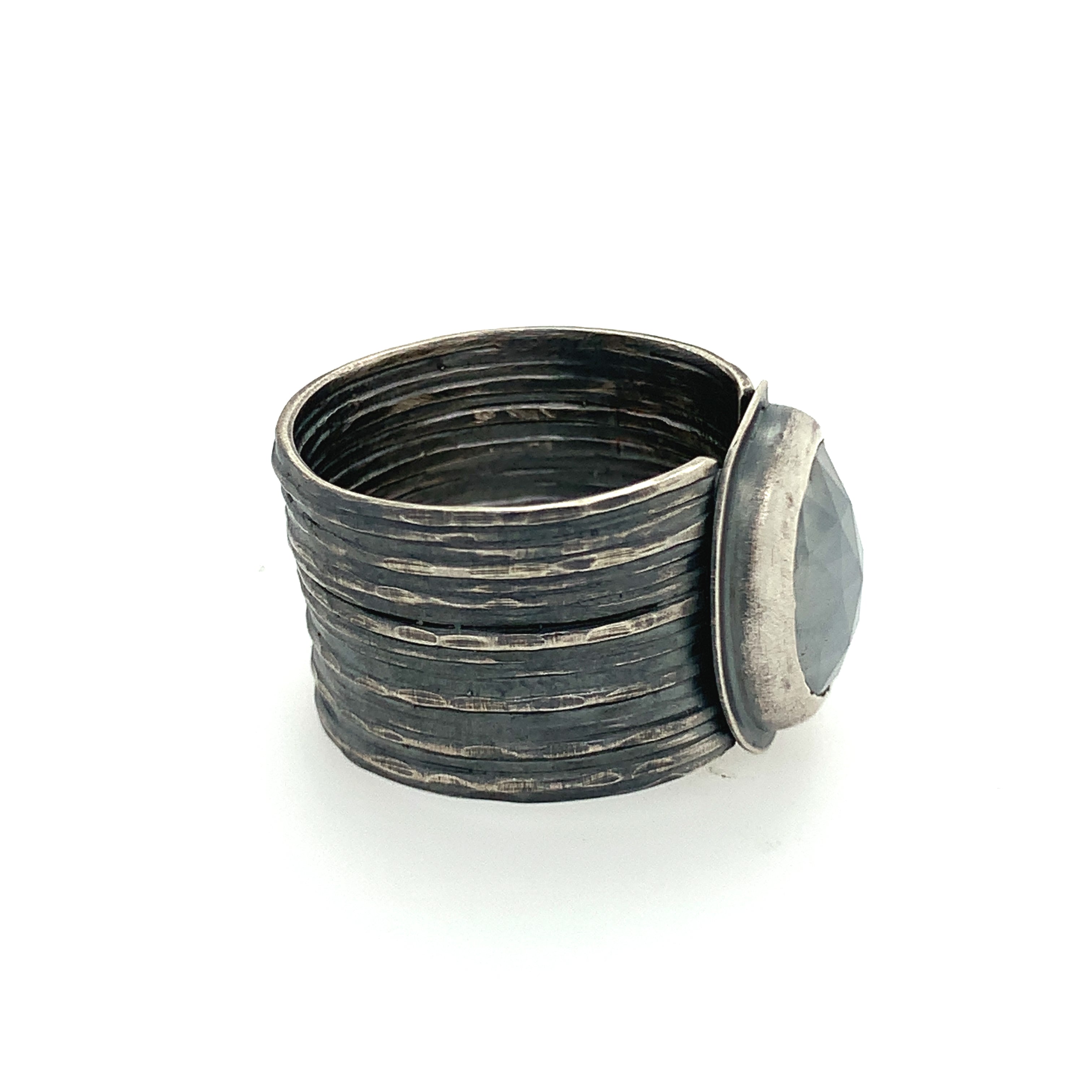 Rainbow Moonstone Ring on Wide Band (SS/24k)