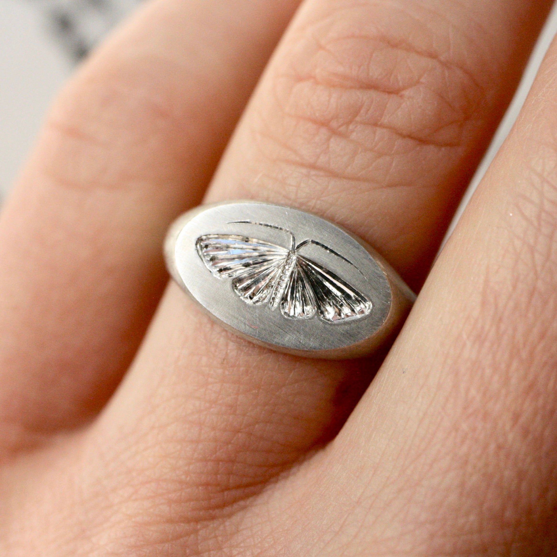 Silver Moth Signet Ring