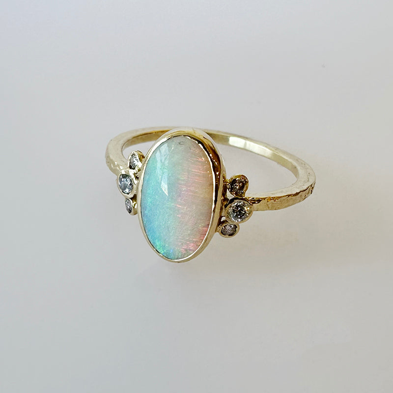 14K Australian Opal Ring w/ Diamond Whiskers