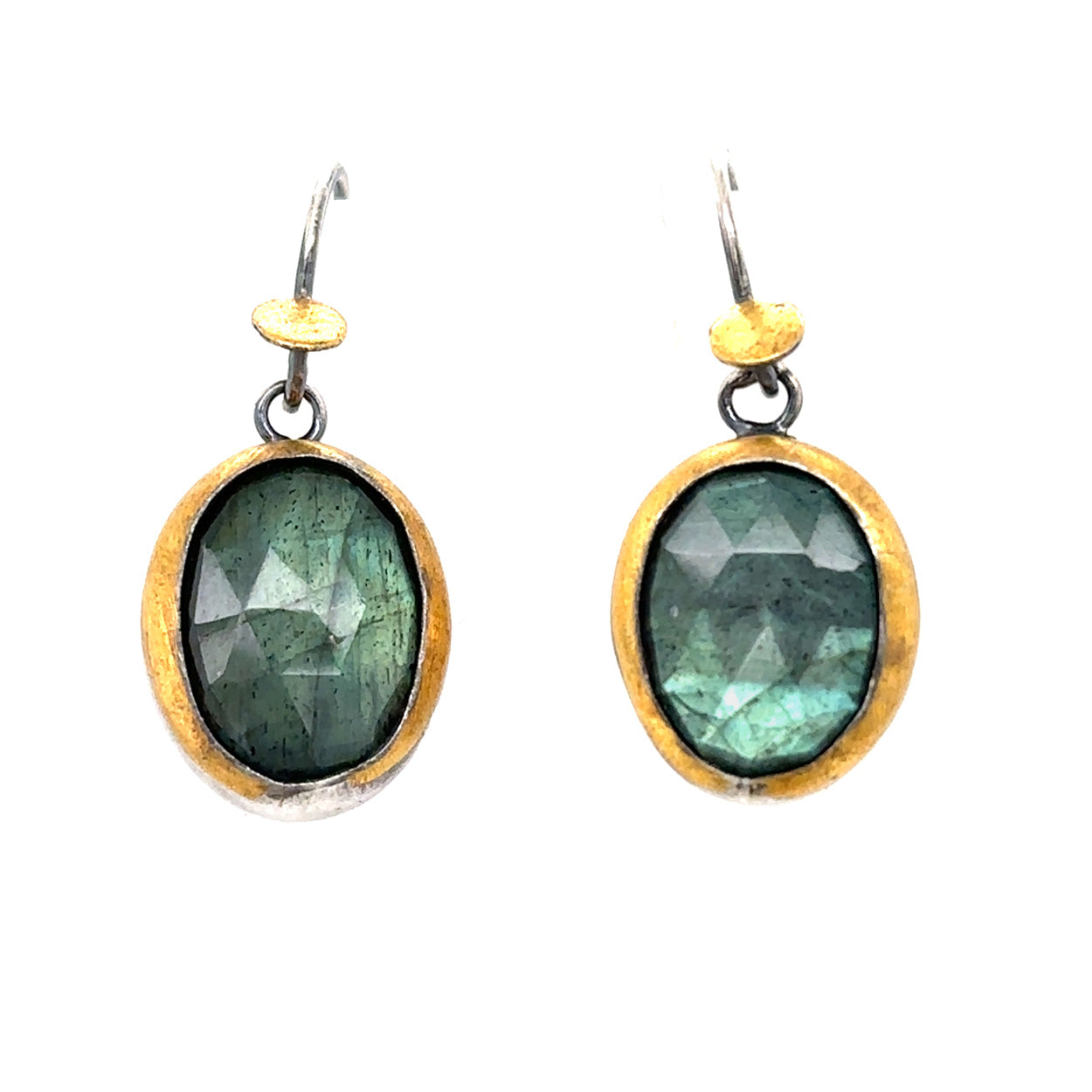 Golden Dot Dangle Earrings - Oval Labradorite