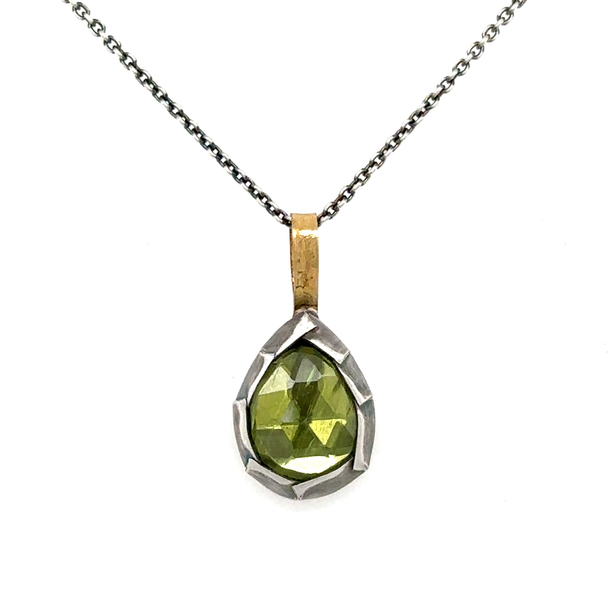 Peridot Pear Crimped Bezel Necklace