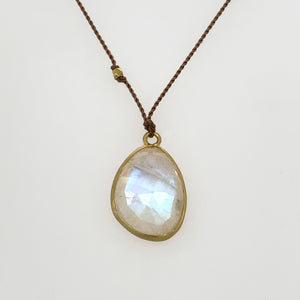 Rainbow Moonstone 18k Bezel Cord Necklace