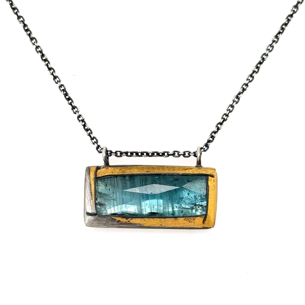 Aqua Blue Rectangle Keum-Boo Necklace