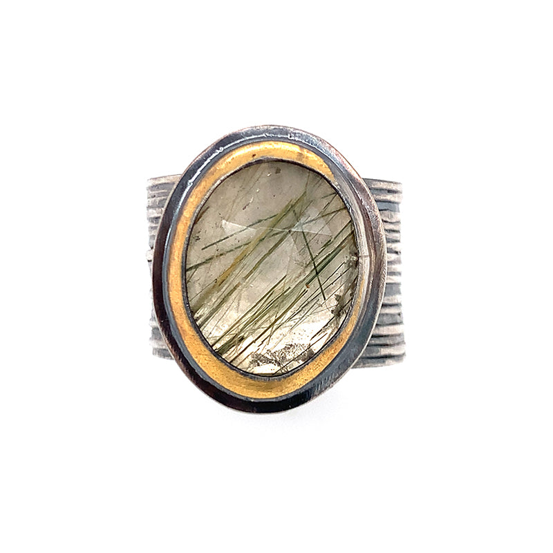 Moss Rutilated Quartz Keum-Boo Ring on Wide Band