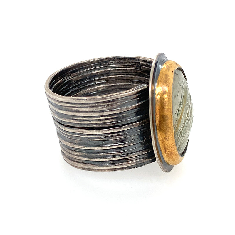 Moss Rutilated Quartz Keum-Boo Ring on Wide Band
