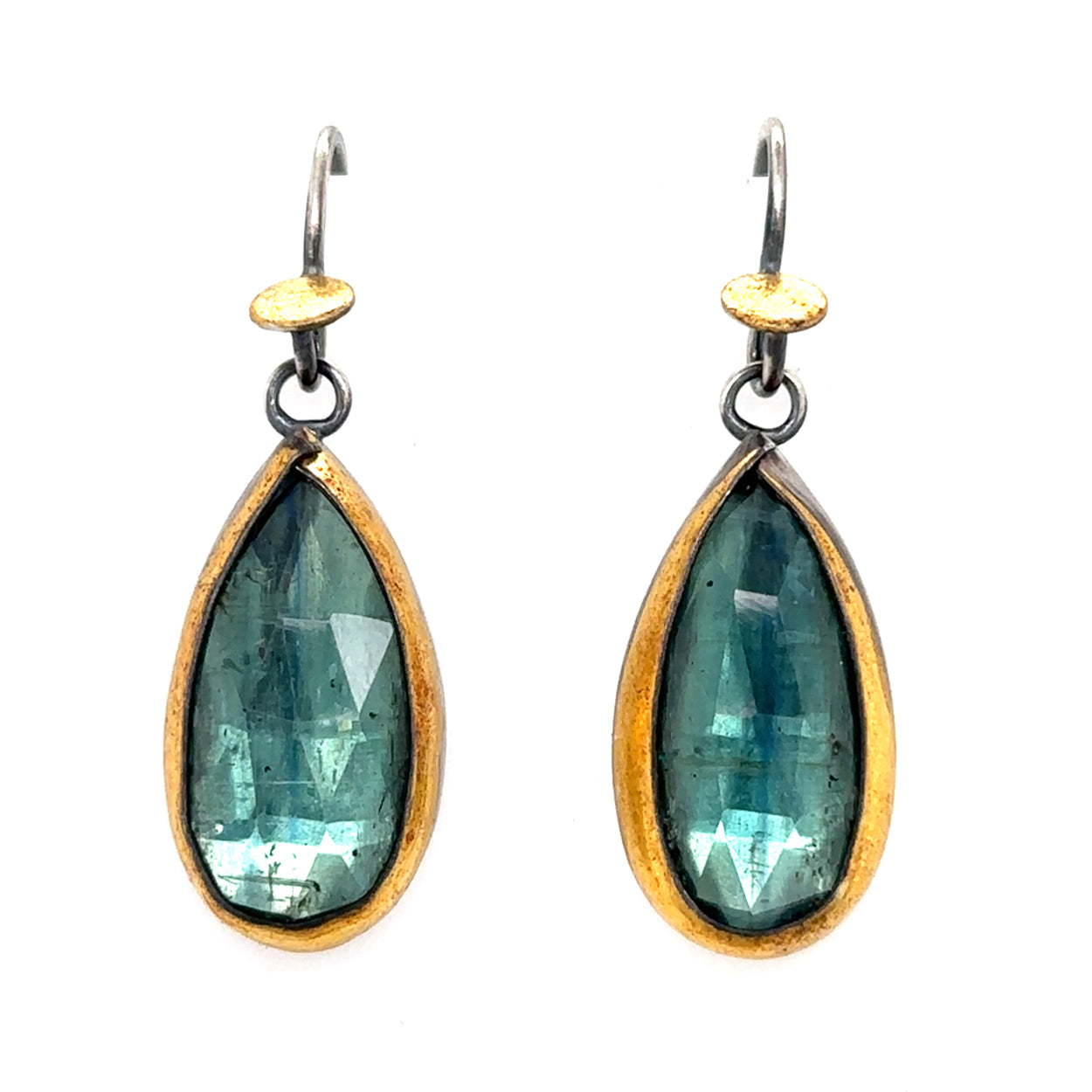 Golden Dot Earrings - Seaglass Green Teardrop Kyanite