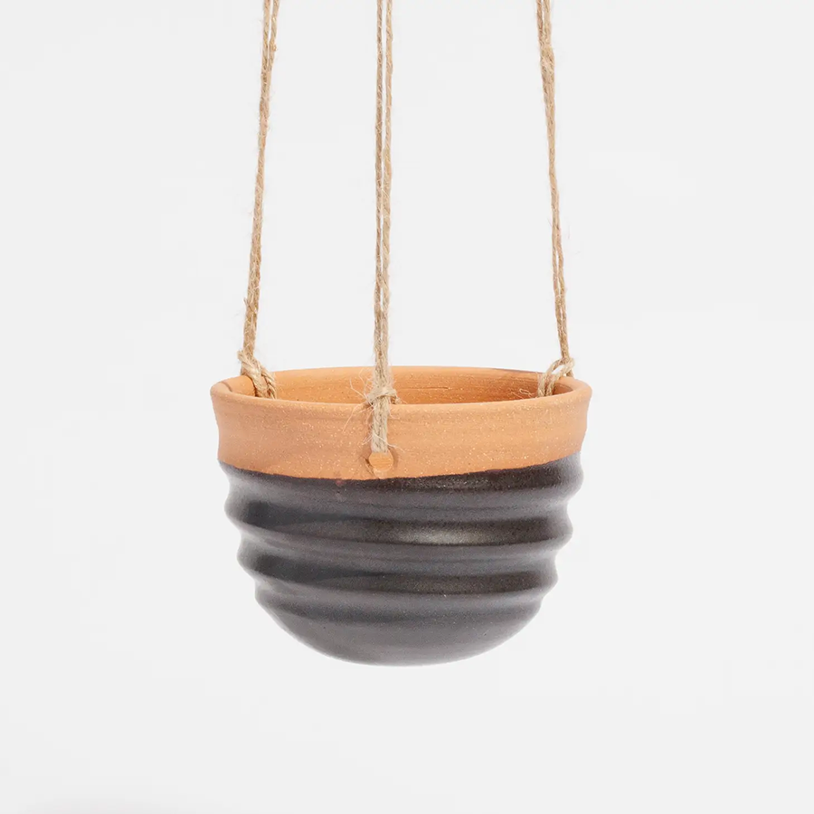 Small Grooved Hanging Planter - Black
