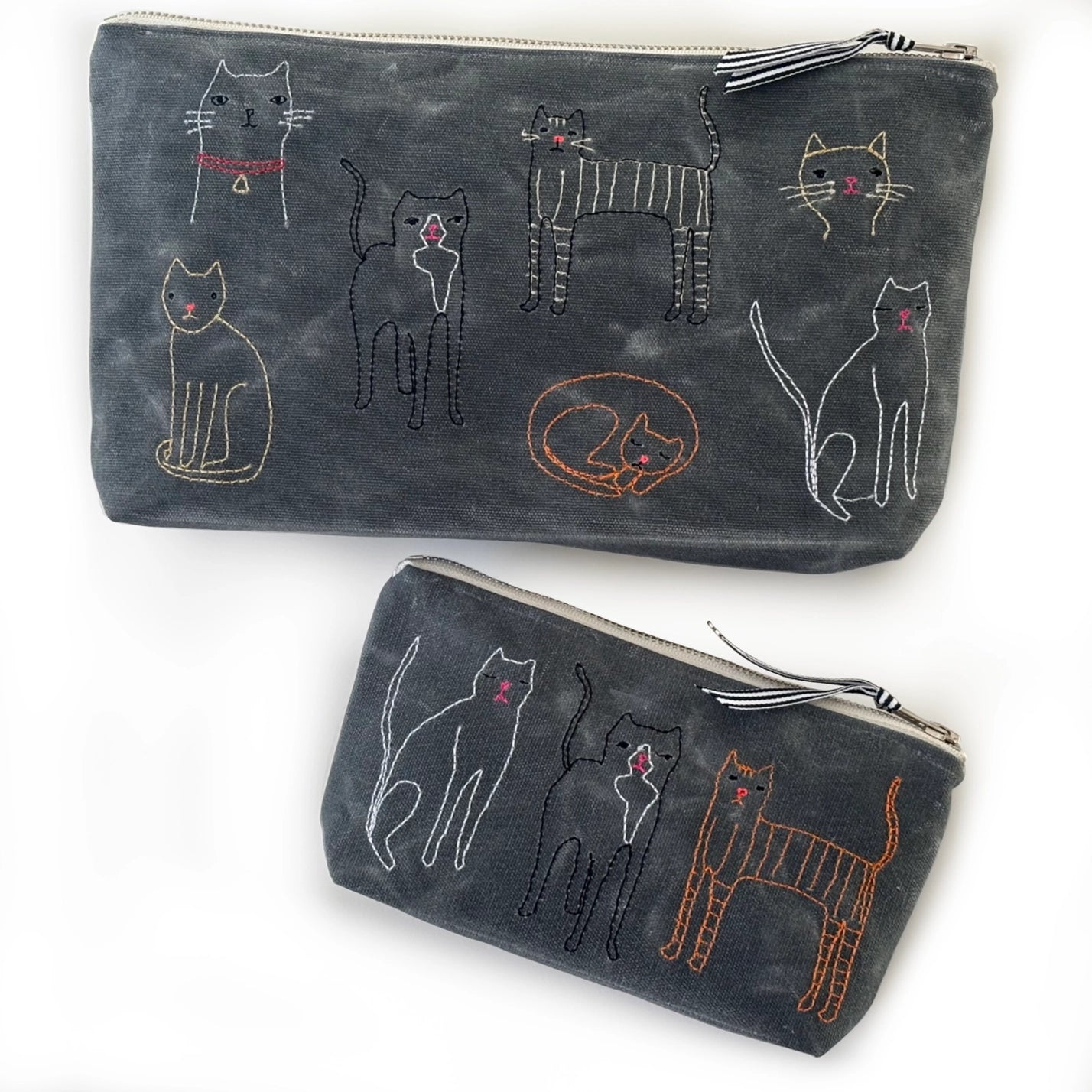 Embroidered Waxed Canvas Pouch - Cats