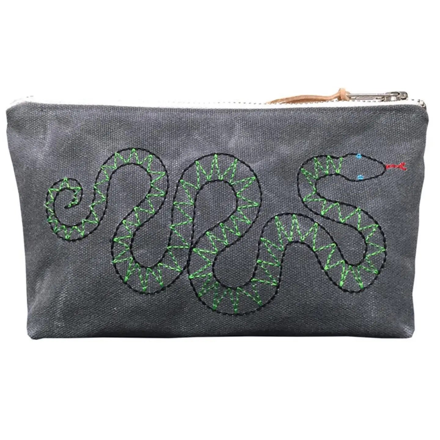 Embroidered Waxed Canvas Pouch - Snake