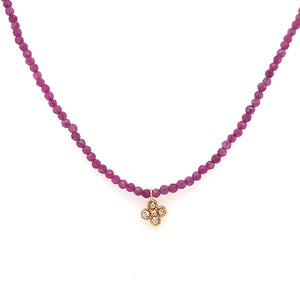 Ruby Beaded Necklace with Diamond Clover Charm