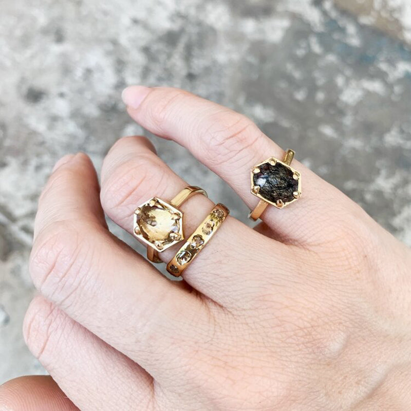 14K YG Hexagon Rutilated Quartz Ring