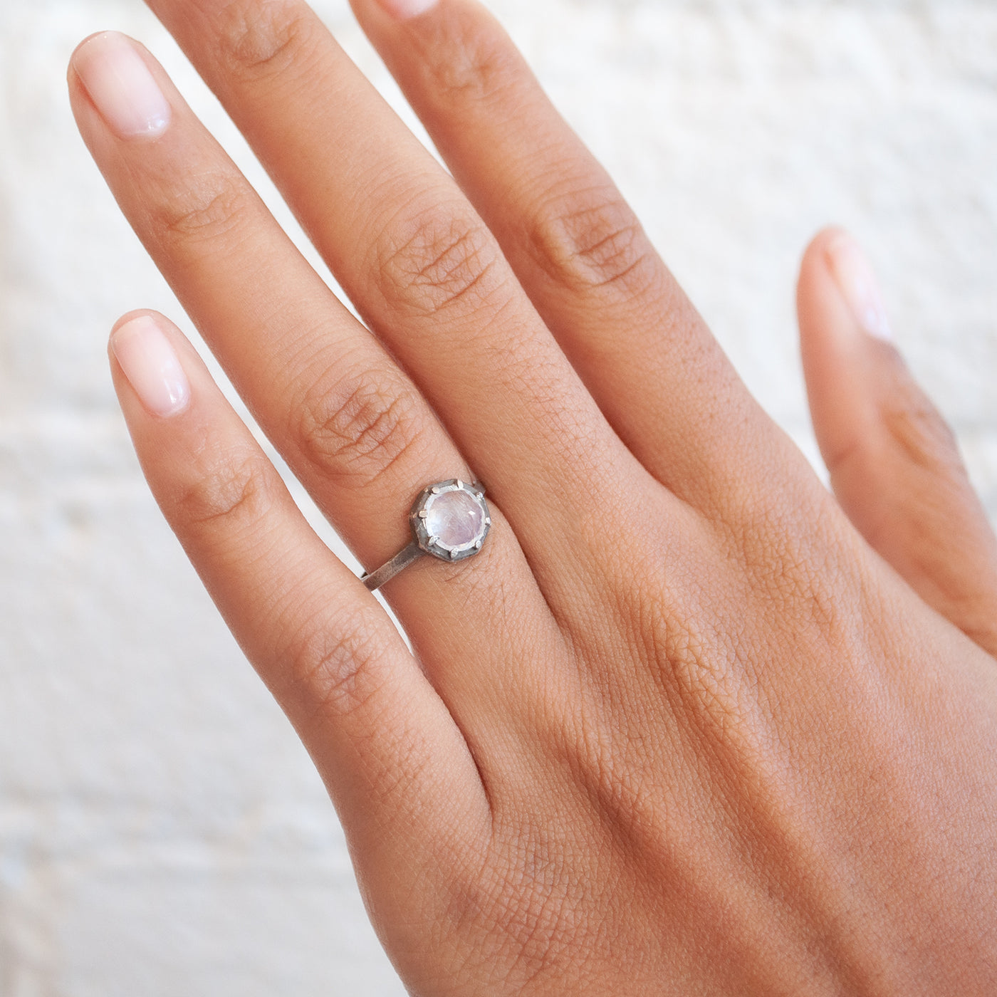 Ox SS Octagonal Ring - Rainbow Moonstone
