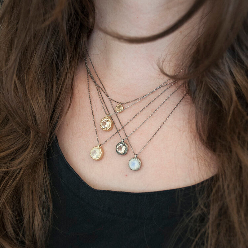 14K + Ox SS Large Octagon Pendant Necklace - Moonstone