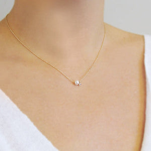 Simple Dainty Necklace w Diamond + Pearl