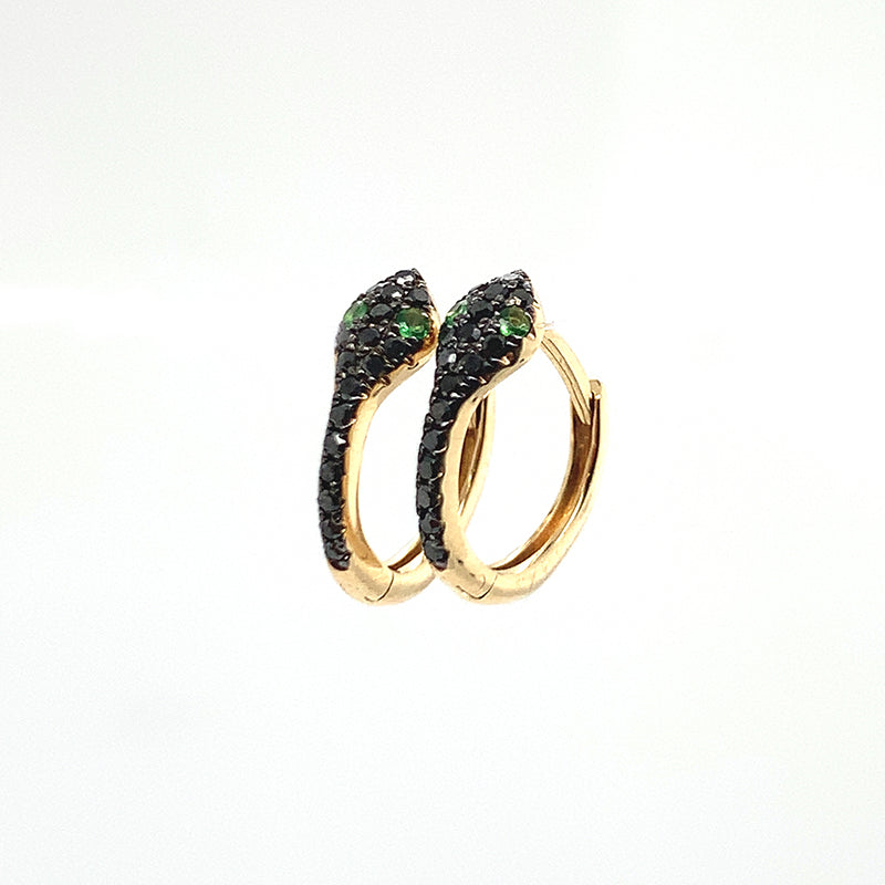 14k MINI SNAKE huggies - YG Rhodium + Emerald Eyes **