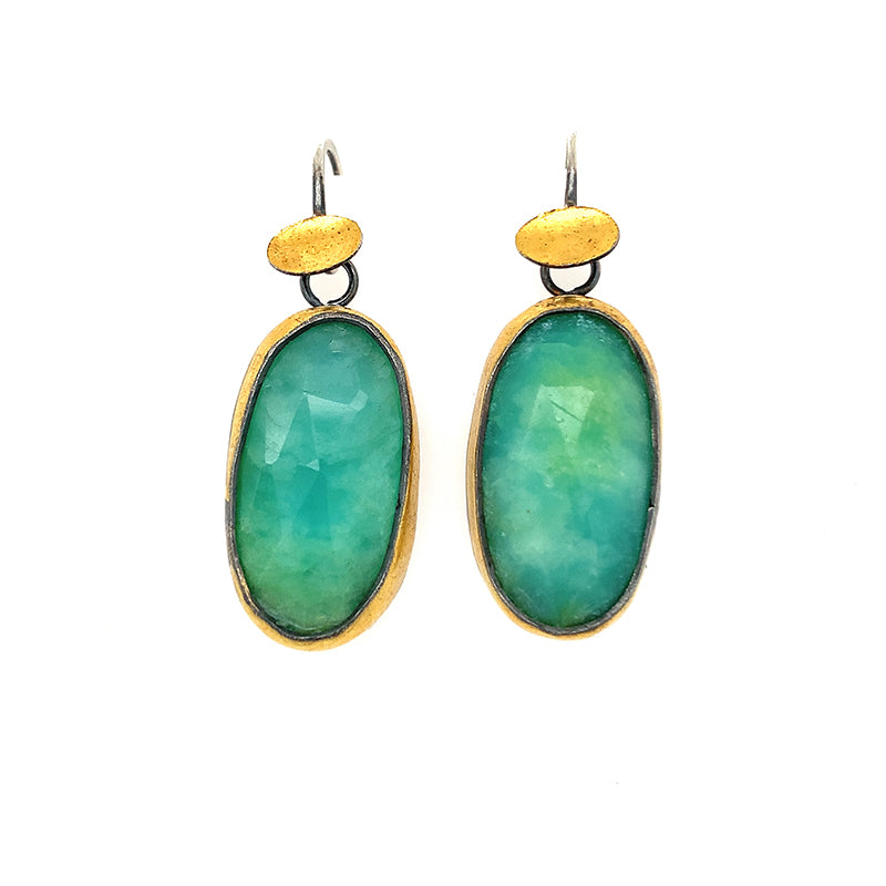 Golden Sequin Dangle Earrings - Oval Chrysoprase