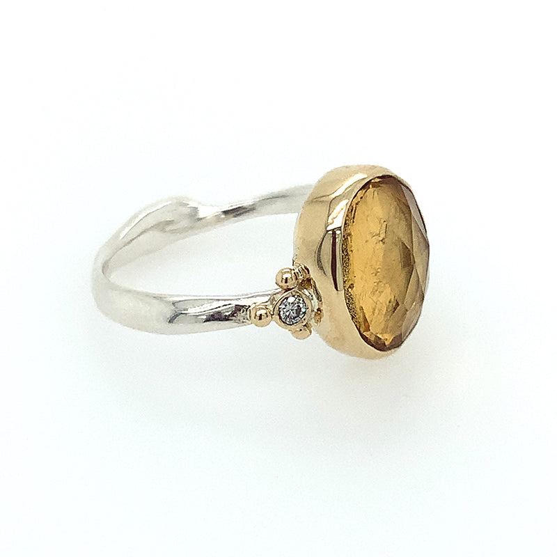 SS+14K Rosecut Citrine Ring w/ Diamonds