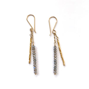 Seed Bead Quill Duo Earrings - Labradorite Bead + Gold