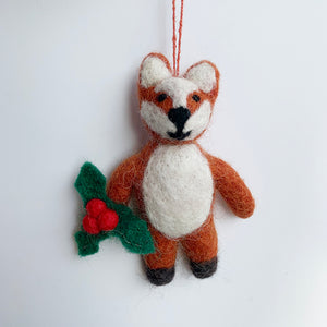 Fox with Holly Felt Ornament