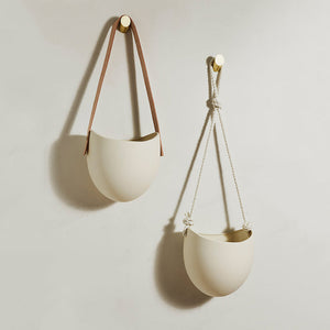 White Hanging Planter w/ Leather - Large