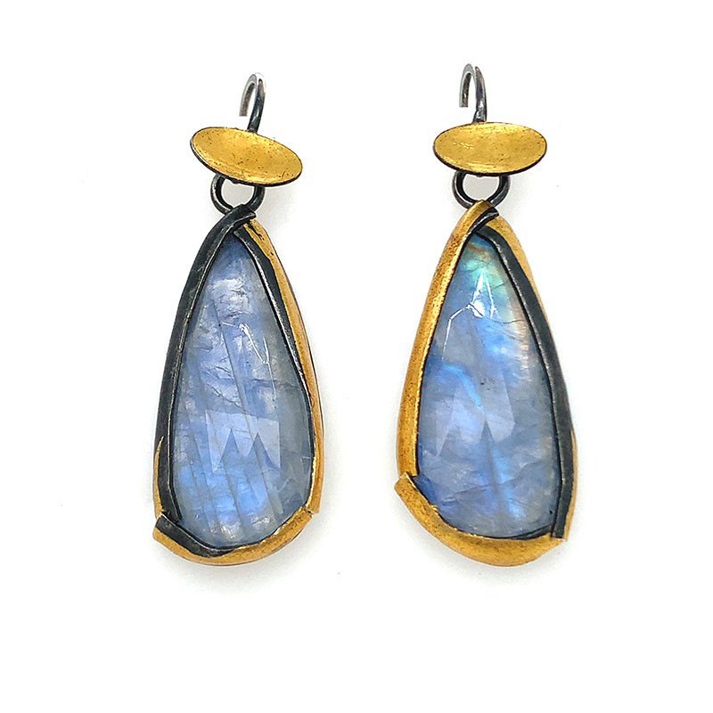 Golden Sequin Dangle Earrings - Teardrop Rainbow Moonstone