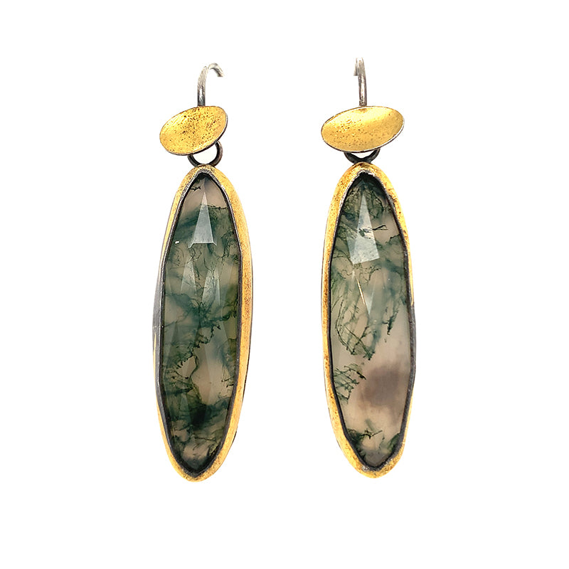 Golden Sequin Dangle Earrings - Long Oval Moss Quartz