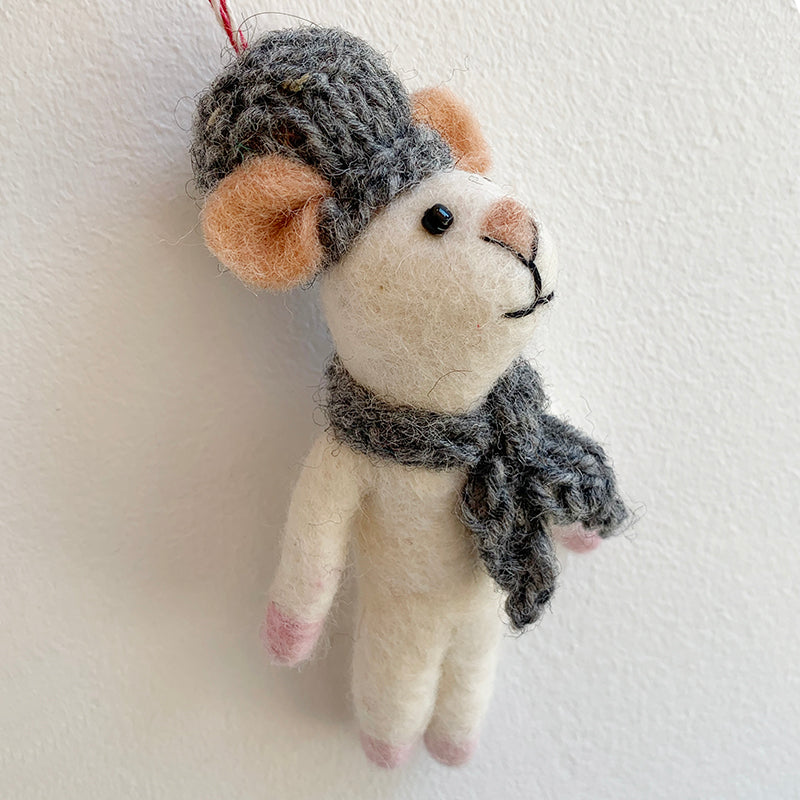White Felt Mouse Grey Hat + Scarf Ornament