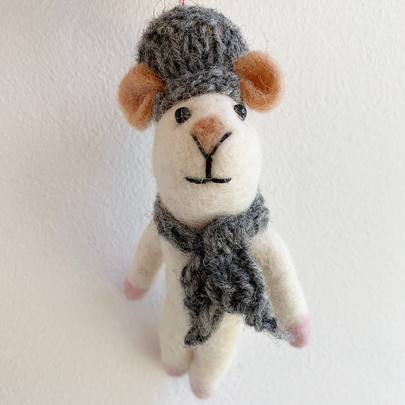 White Felt Mouse Grey Hat + Scarf Ornament