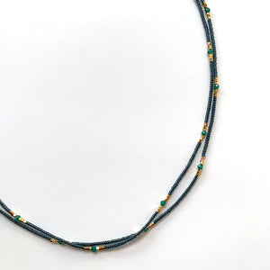 33" Seed Bead Necklace - Grey + Green Onyx