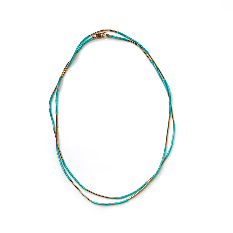 33" Seed Bead Necklace - Turquoise + Gold Tube