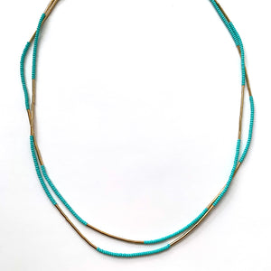 33" Seed Bead Necklace - Turquoise + Gold Tube