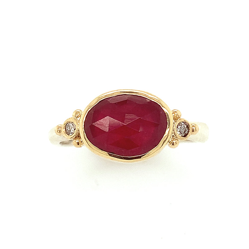 SS + 14K Ruby Ring w/ Side Diamonds