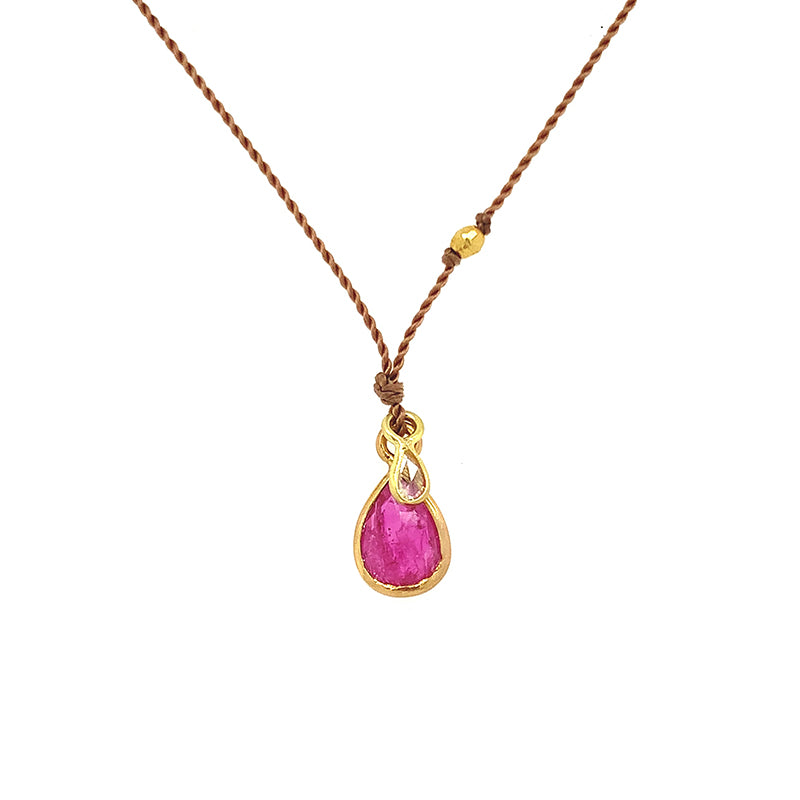 Ruby Bezel Teardrop Necklace With Diamond Charm