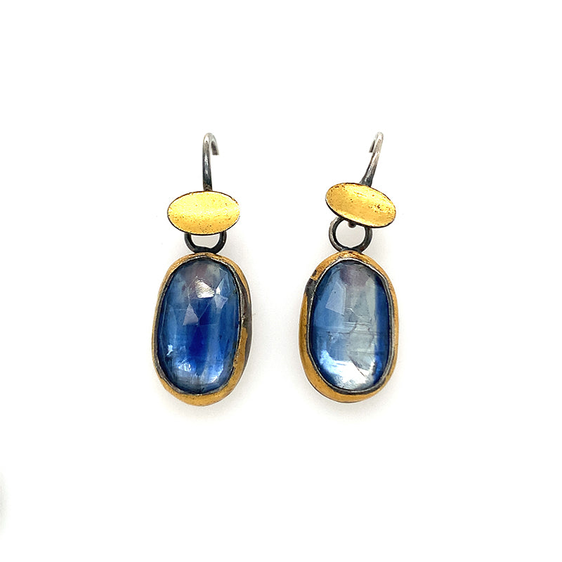 Golden Sequin Dangle Earrings - Oval Kyanite